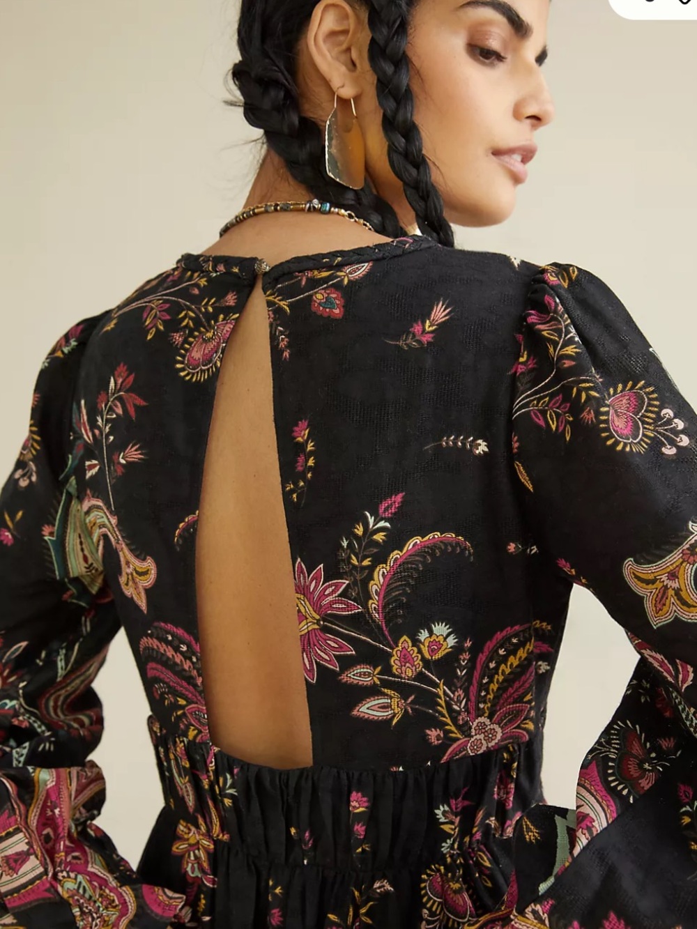 by ANTHROPOLOGIE paisley maxi dress OPEN BACK black PRINT long sleeve size 8